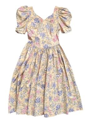 VTG 80s Laura Ashley yellow pastel floral tea dress puff sleeve bow back cottage